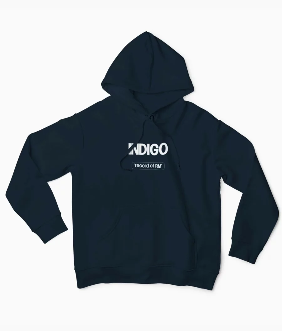 Indigo hoodie with "Record of RM" written in bold on the front Caption: Get a closer look at the front design of our Indigo "Record of RM" Hoodie