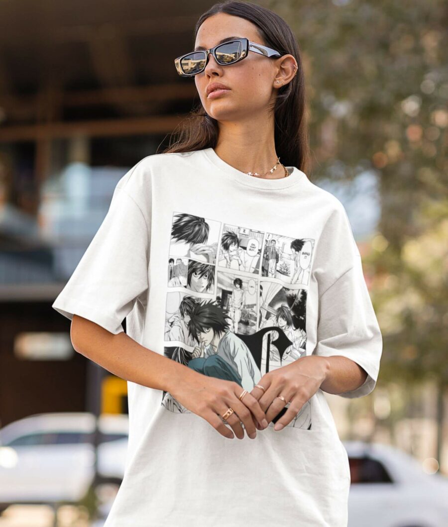 Woman wearing L Death Note Oversized T-Shirt in White