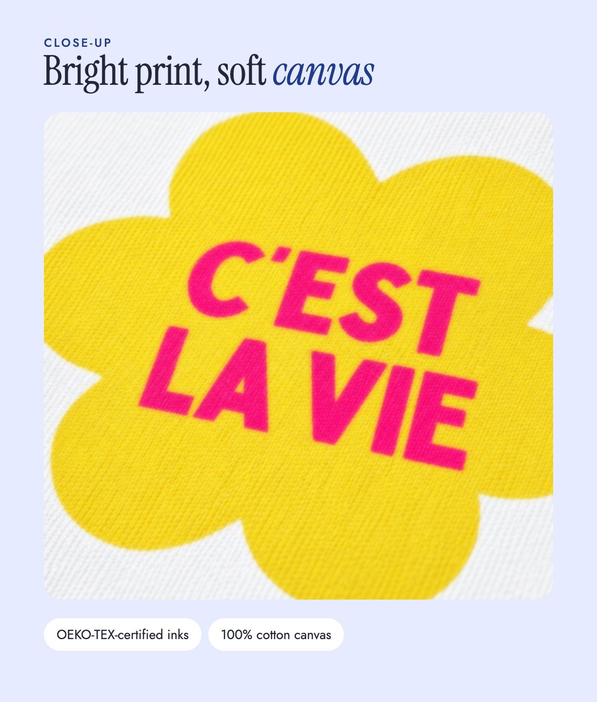 Close-up of the C'est La Vie print on cotton canvas
