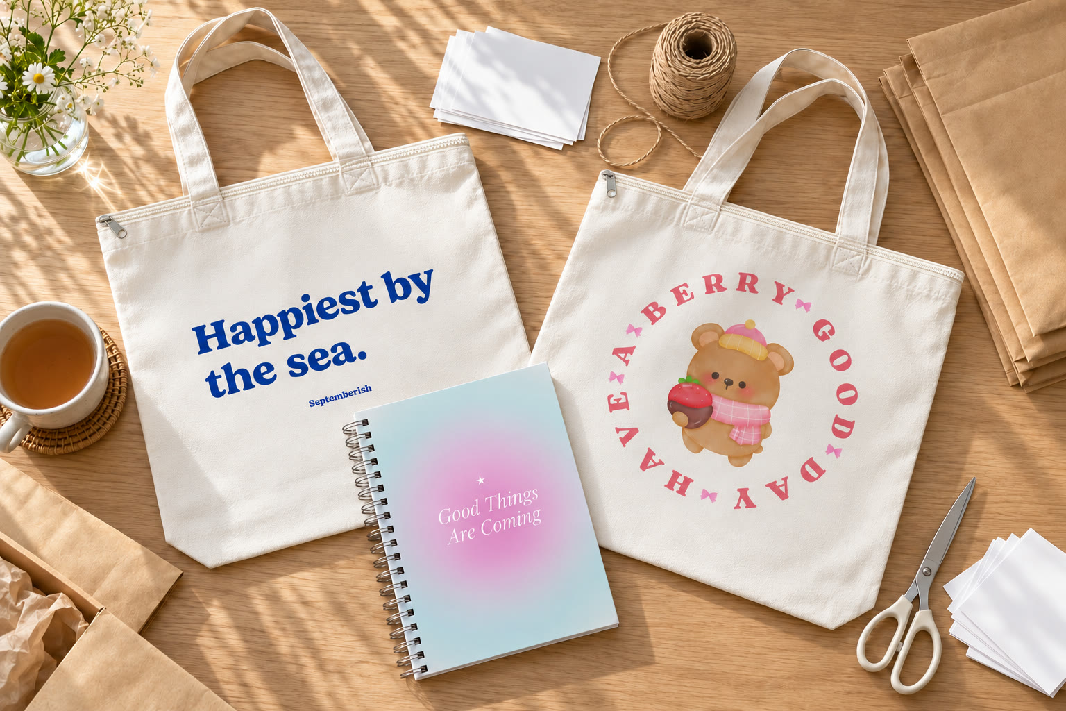 Happiest by the Sea and Berry Bear totes with a notebook on a packing table