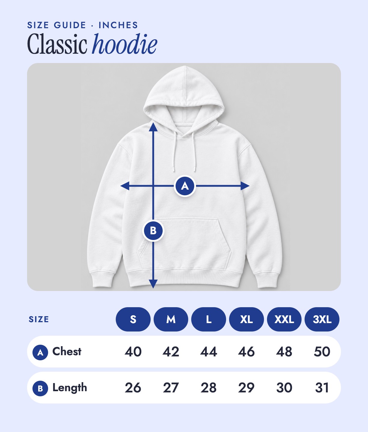 Size guide for the hoodie, inches: chest 40 to 50, length 26 to 31 (S to 3XL)