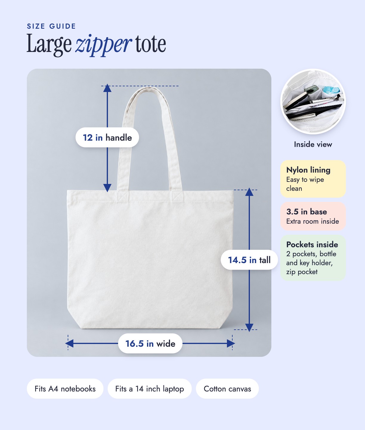 Size guide for the large zipper tote: 16.5 in wide, 14.5 in tall, 12 in handle